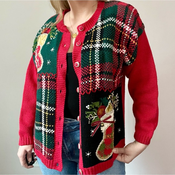 Vintage Chunky Knit Mixed Media Christmas Cardigan Sweater - Picture 2 of 16